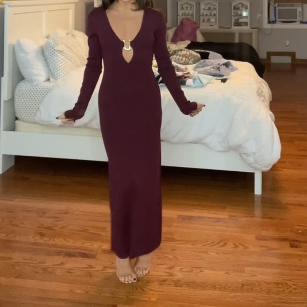 Eggplant dress with gold clip in center